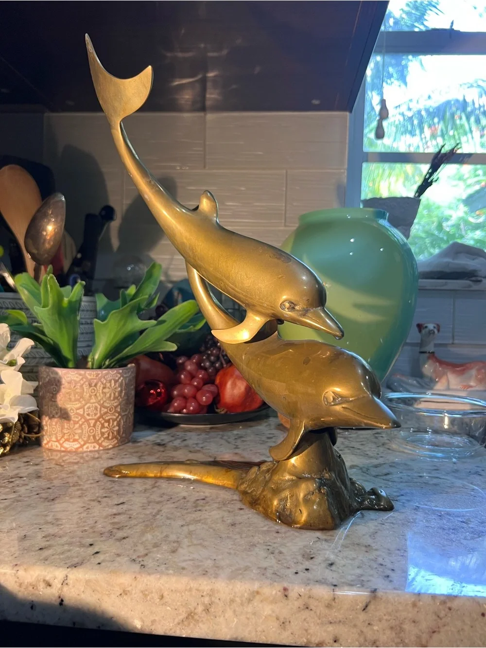 Mid Century Golden Brass Dolphin Duo Sculpture Tall!
